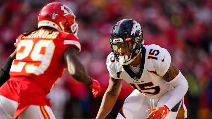 Jan 1, 2023; Kansas City, Missouri, USA; Denver Broncos wide receiver Jalen Virgil (15) defends