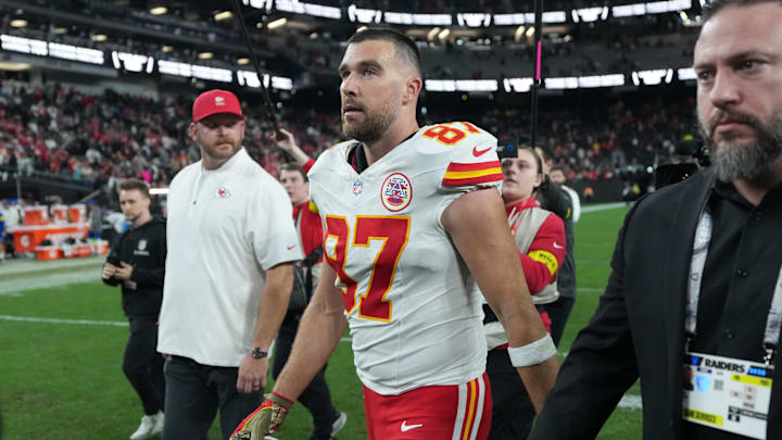 Jan 4, 2026; Paradise, Nevada, USA; Kansas City Chiefs tight end Travis Kelce (87) leaves the field after the game against the Las Vegas Raiders at Allegiant Stadium. 
