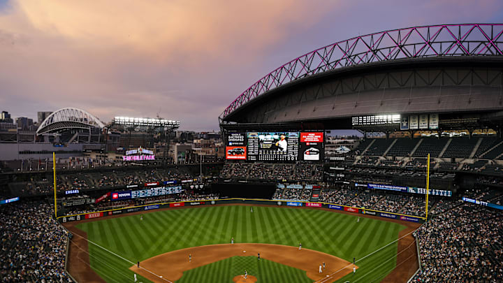 Jul 21, 2025; Seattle, Washington, USA; General view of T-Mobile Park during the ninth inning of a game between the Milwaukee Brewers and Seattle Mariners. Mandatory Credit: Joe Nicholson-Imagn Images