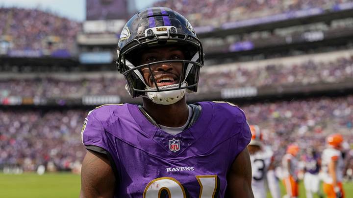 Sep 14, 2025; Baltimore, Maryland, USA; Baltimore Ravens wide receiver Devontez Walker (81) scores a touch down during the third quarter at M&T Bank Stadium. Mandatory Credit: Mitch Stringer-Imagn Images