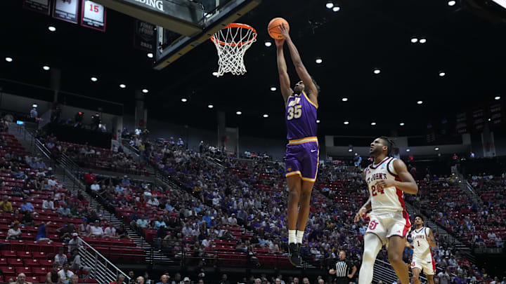Mar 20, 2026; San Diego, CA, USA; Northern Iowa Panthers forward Leon Bond III (35) shoots against St. John's Red Storm forward Zuby Ejiofor (24) in the first half during a first round game of the men's 2026 NCAA Tournament at Viejas Arena. Mandatory Credit: Kirby Lee-Imagn Images