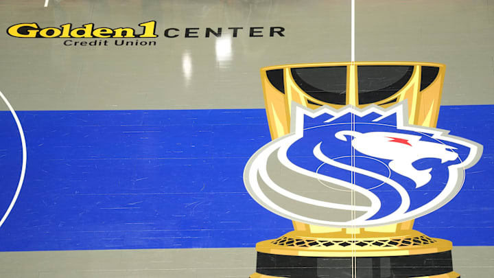 Dec 4, 2023; Sacramento, California, USA; The Sacramento Kings logo for the In-Season Tournament is displayed at mid-court before the game against the New Orleans Pelicans at Golden 1 Center. Mandatory Credit: Darren Yamashita-USA TODAY Sports