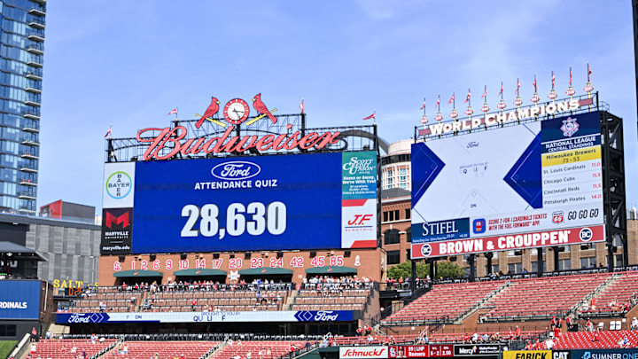 Aug 22, 2024; St. Louis, Missouri, USA;  A general view of the scoreboard as they announce today’s attendance during the eighth inning of a game between the St. Louis Cardinals and the Milwaukee Brewers at Busch Stadium. Mandatory Credit: Jeff Curry-Imagn Images