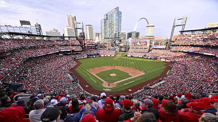 Mar 27, 2025; St. Louis, Missouri, USA;  A general view of Busch Stadium during the fifth inning of opening day between the St. Louis Cardinals and the Minnesota Twins. Mandatory Credit: Jeff Curry-Imagn Images
