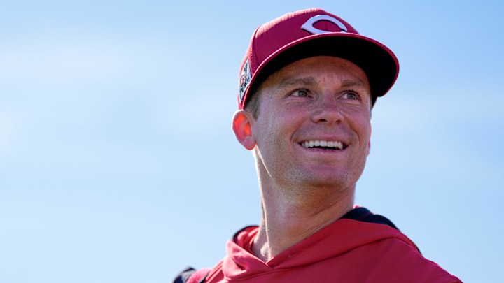 Cincinnati Reds shortstop Matt McLain (9) takes the field at the Cincinnati Reds Player Development Complex in Goodyear, Ariz., on Saturday, Feb. 15, 2025.