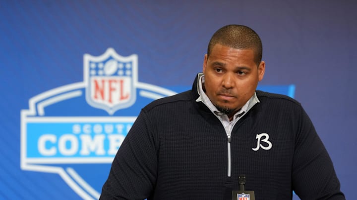 Feb 24, 2026; Indianapolis, IN, USA; Chicago Bears general manager Ryan Poles speaks at the NFL Scouting Combine at the Indiana Convention Center. 