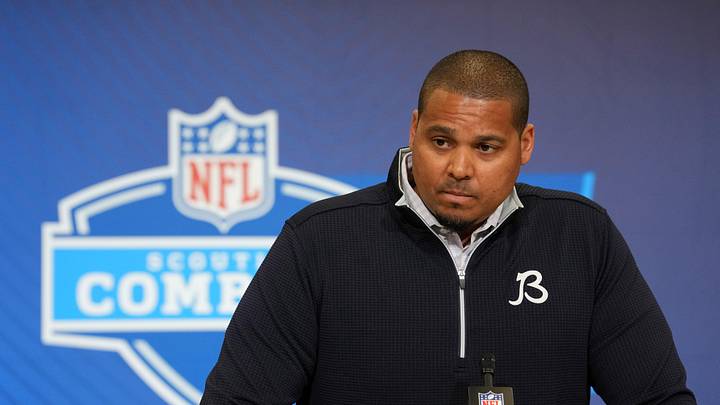 Feb 24, 2026; Indianapolis, IN, USA; Chicago Bears general manager Ryan Poles speaks at the NFL Scouting Combine at the Indiana Convention Center. Mandatory Credit: Kirby Lee-Imagn Images