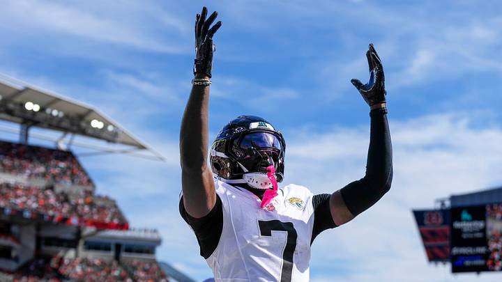 Jacksonville Jaguars wide receiver Brian Thomas Jr. (7) celebrates a touchdown catch in the second quarter of the NFL Week 4 game between the Cincinnati Bengals and the Jacksonville Jaguars at Paycor Stadium in Cincinnati on Sunday, Oct. 4, 2026. Jacksonville Jaguars wide receiver Brian Thomas Jr. (7) celebrates a touchdown catch in the second quarter of the NFL Week 4 game between the Cincinnati Bengals and the Jacksonville Jaguars at Paycor Stadium in Cincinnati on Sunday, Oct. 4, 2026.