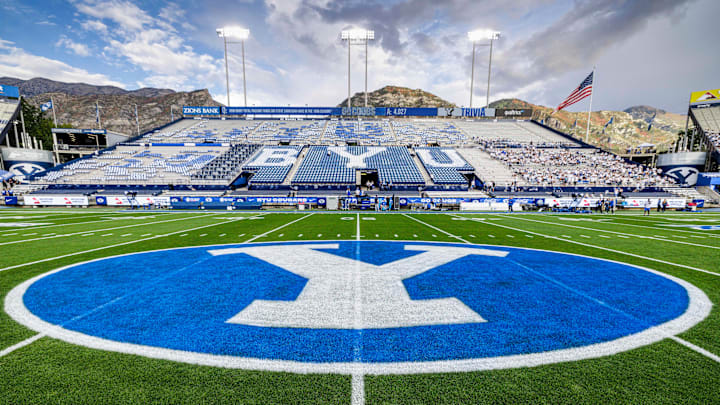 BYU logo at Lavell Edwards Stadium