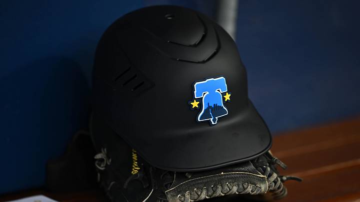 Apr 12, 2024; Philadelphia, Pennsylvania, USA; A view of the helmet of Philadelphia Phillies catcher J.T. Realmuto (10) displaying the City Connect logo before the game against the Pittsburgh Pirates at Citizens Bank Park.