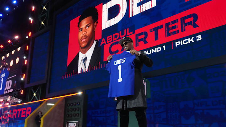 Apr 24, 2025; Green Bay, WI, USA; Penn State Nittany Lions defensive end Abdul Carter is selected by the New York Giants as the number three pick in the first round of the 2025 NFL Draft at Lambeau Field.  