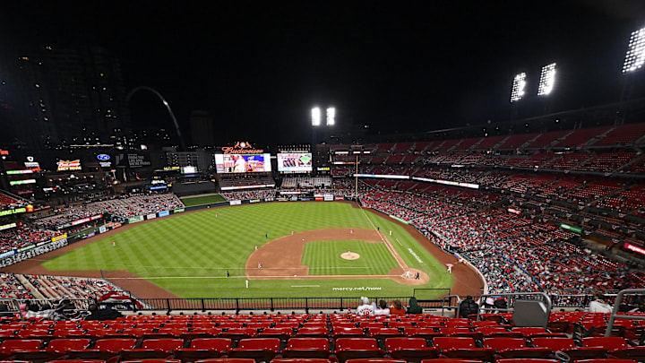 Apr 1, 2025; St. Louis, Missouri, USA;  A general view of Busch Stadium during the sixth inning of a game between the St. Louis Cardinals and the Los Angeles Angels. Mandatory Credit: Jeff Curry-Imagn Images