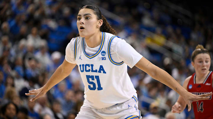 Mar 23, 2025; Los Angeles, California, USA; UCLA Bruins center Lauren Betts (51) during an NCAA Tournament second round game against the Richmond Spiders at Pauley Pavilion presented by Wescom. Mandatory Credit: Robert Hanashiro-Imagn Images