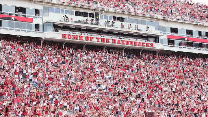 Aug 30, 2025; Fayetteville, Arkansas, USA; Arkansas Razorbacks fans cheer after a score against the Alabama A&M Bulldogs during the third quarter at Donald W. Reynolds Razorback Stadium. Mandatory Credit: Nelson Chenault-Imagn Images