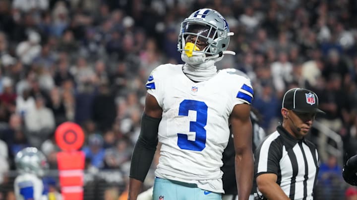 Dallas Cowboys wide receiver George Pickens reacts after making a catch against the Las Vegas Raiders at Allegiant Stadium. 