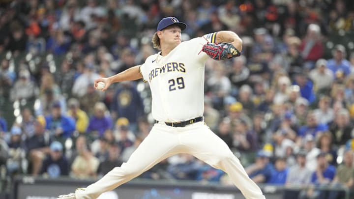 Apr 16, 2026; Milwaukee, Wisconsin, USA; Milwaukee Brewers relief pitcher Trevor Megill (29) delivers a pitch against the Toronto Blue Jays in the eighth inning at American Family Field. Mandatory Credit: Michael McLoone-Imagn Images