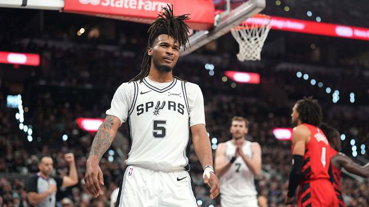Apr 28, 2026; San Antonio, Texas, USA; San Antonio Spurs guard Stephon Castle (5) reacts during the second half of game five of the first round of the 2026 NBA Playoffs against the Portland Trail Blazers at Frost Bank Center. Mandatory Credit: Scott Wachter-Imagn Images