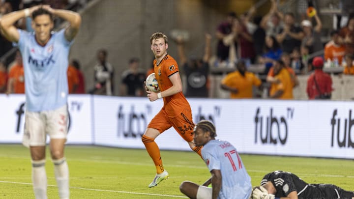 Jul 9, 2022; Houston, Texas, USA; Houston Dynamo forward Thor Ulfarsson (34) celebrates defender