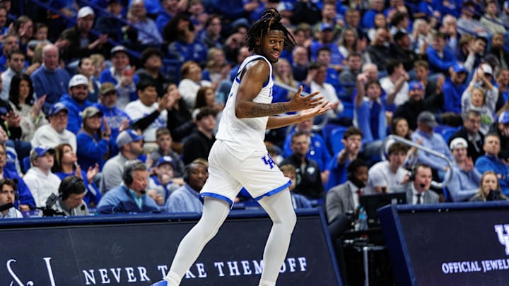 Dec 23, 2025; Lexington, Kentucky, USA; Kentucky Wildcats guard Kam Williams (3) reacts after making a three point basket during the second half against the Bellarmine Knights at Rupp Arena at Central Bank Center. Mandatory Credit: Jordan Prather-Imagn Images