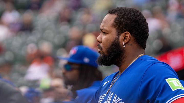 Sep 23, 2026; Baltimore, Maryland, USA; Toronto Blue Jays first baseman Vladimir Guerrero Jr. (27) looks on during the second inning at Oriole Park at Camden Yards. Mandatory Credit: Jamie LeBlanc-Imagn Images