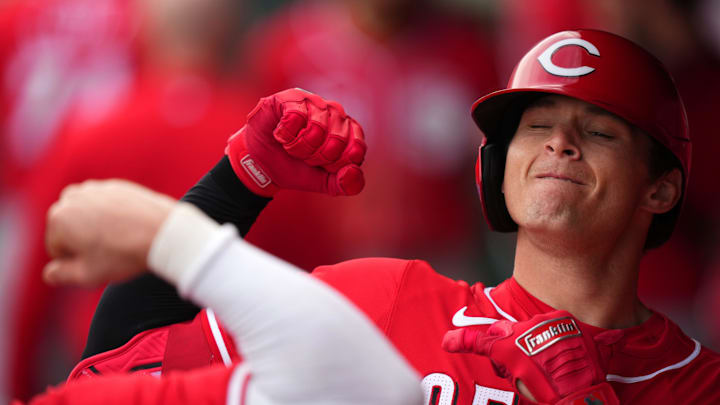 Cincinnati Reds infielder Tyler Callihan is congratulated in the dugout after hitting a two-run home run in the eighth inning during a MLB spring training baseball game, Saturday, Feb. 24, 2024, at Goodyear Ballpark in Goodyear, Ariz. Cincinnati Reds infielder Tyler Callihan is congratulated in the dugout after hitting a two-run home run in the eighth inning during a MLB spring training baseball game, Saturday, Feb. 24, 2024, at Goodyear Ballpark in Goodyear, Ariz.