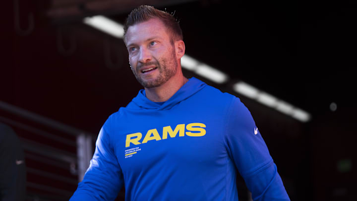 Nov 9, 2025; Santa Clara, California, USA; Los Angeles Rams head coach Sean McVay walks onto the field prior to the game against the San Francisco 49ers at Levi's Stadium. Mandatory Credit: Cary Edmondson-Imagn Images