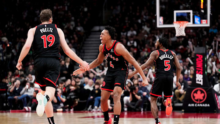 Scottie Barnes, Jakob Poeltl and Immanuel Quickley, Toronto Raptors