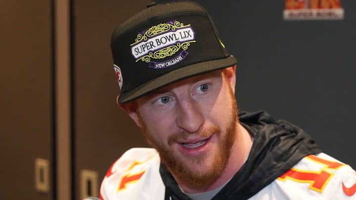 Kansas City Chiefs quarterback Carson Wentz on Feb 5, 2025.