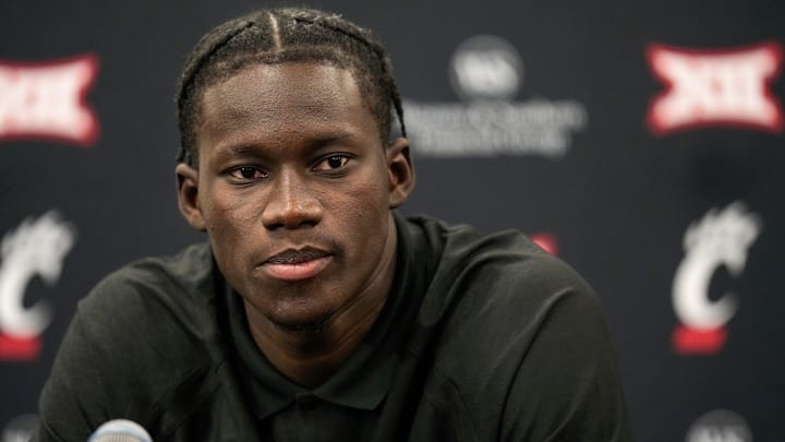 Sophomore center Moustapha Thiam speaks during a press conference at the University of Cincinnati on Tuesday, Sept. 16, 2025.