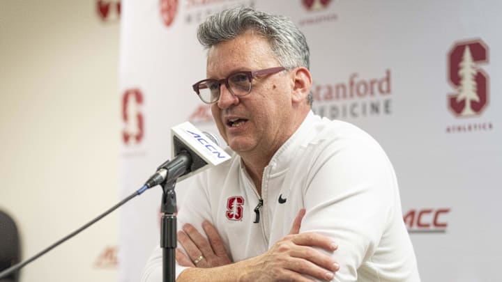 Mar 1, 2025; Stanford, California, USA; Stanford Cardinal head coach Kyle Smith conducts a press conference with the media after the game against the Southern Methodist Mustangs at Maples Pavilion. Mandatory Credit: Stan Szeto-Imagn Images Mar 1, 2025; Stanford, California, USA; Stanford Cardinal head coach Kyle Smith conducts a press conference with the media after the game against the Southern Methodist Mustangs at Maples Pavilion. Mandatory Credit: Stan Szeto-Imagn Images
