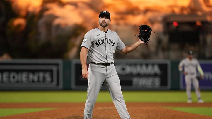 Sep 2, 2026; Anaheim, California, USA; New York Yankees pitcher David Bednar (53) reacts in the 10th inning against the Los Angeles Angels at Angel Stadium. Mandatory Credit: Kirby Lee-Imagn Images