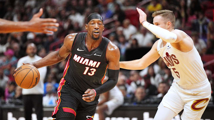 Mar 24, 2024; Miami, Florida, USA;  Miami Heat center Bam Adebayo (13) drives to the basket as