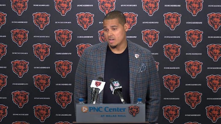 Ryan Poles addresses the media at Halas Hall about the draft, without giving away any secrets.