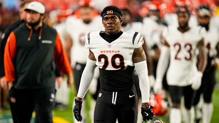 Cincinnati Bengals cornerback Cam Taylor-Britt (29) walks for the locker room before the first quarter of the NFL Preseason Week 2 game between the Washington Commanders and the Cincinnati Bengals at Northwest Stadium in Landover, Md., on Monday, Aug. 18, 2025.