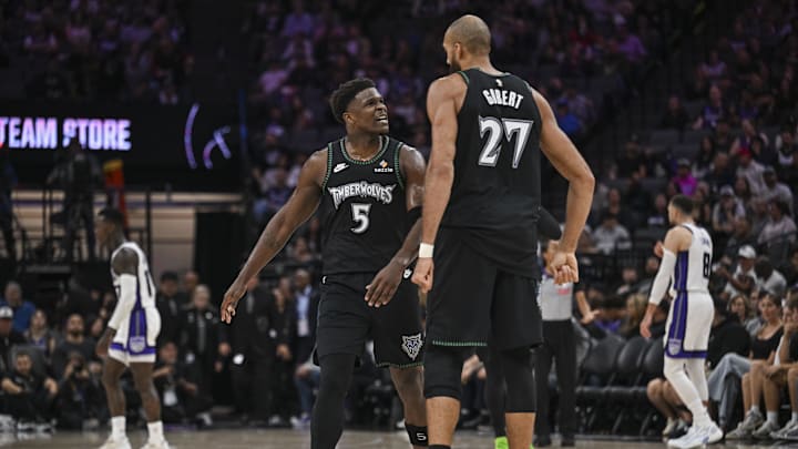 Nov 9, 2025; Sacramento, California, USA; Minnesota Timberwolves guard Anthony Edwards (5) and center Rudy Gobert (27) react during the second quarter at Golden 1 Center. Mandatory Credit: Justine Willard-Imagn Images Nov 9, 2025; Sacramento, California, USA; Minnesota Timberwolves guard Anthony Edwards (5) and center Rudy Gobert (27) react during the second quarter at Golden 1 Center. Mandatory Credit: Justine Willard-Imagn Images