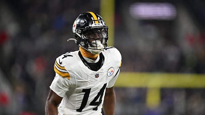 Jan 11, 2025; Baltimore, Maryland, USA; Pittsburgh Steelers wide receiver George Pickens (14) looks on in the third quarter against the Baltimore Ravens in an AFC wild card game at M&T Bank Stadium. Mandatory Credit: Tommy Gilligan-Imagn Images