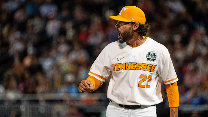 Jun 14, 2024; Omaha, NE, USA; Tennessee Volunteers head coach Tony Vitello against the Florida State Seminoles during the ninth inning at Charles Schwab Filed Omaha. Mandatory Credit: Dylan Widger-Imagn Images