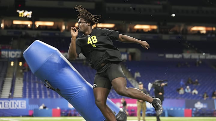 Feb 26, 2026; Indianapolis, IN, USA; UCF defensive lineman Malachi Lawrence (DL48) during the NFL Scouting Combine  at Lucas Oil Stadium. Mandatory Credit: Kirby Lee-Imagn Images