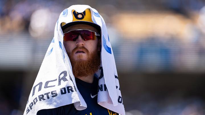 Aug 16, 2026; Los Angeles, California, USA; Milwaukee Brewers pitcher Dustin May (21) during pregame against the Los Angeles Dodgers at Dodger Stadium. Mandatory Credit: Jon Endow-Imagn Images