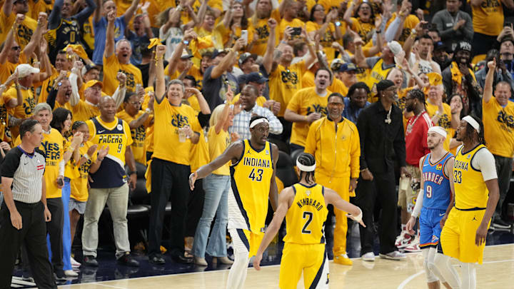 Jun 19, 2025; Indianapolis, Indiana, USA; Indiana Pacers forward Pascal Siakam (43) reacts after a play against the Oklahoma City Thunder during the first half of game six of the 2025 NBA Finals between the Oklahoma City Thunder and the Indiana Pacers at Gainbridge Fieldhouse. Mandatory Credit: Kyle Terada-Imagn Images