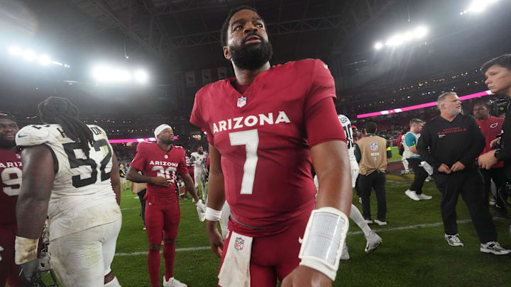Arizona Cardinals quarterback Jacoby Brissett (7) walks off the field after their 27-24 overtime loss to the Jacksonville Jaguars at State Farm Stadium on Nov. 23, 2025.