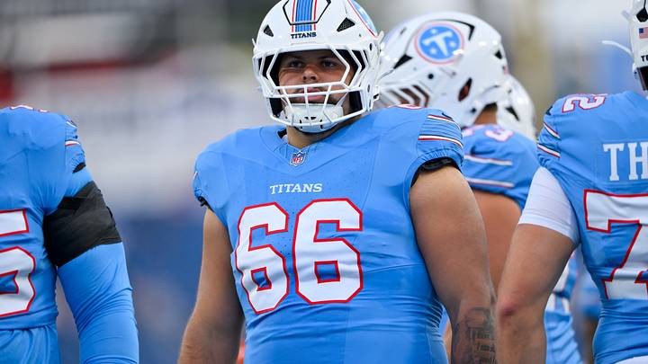 Aug 23, 2026; Nashville, Tennessee, USA;  Tennessee Titans offensive guard Fernando Carmona (66) during warmup period against the Seattle Seahawks at Nissan Stadium. Mandatory Credit: Steve Roberts-Imagn Images