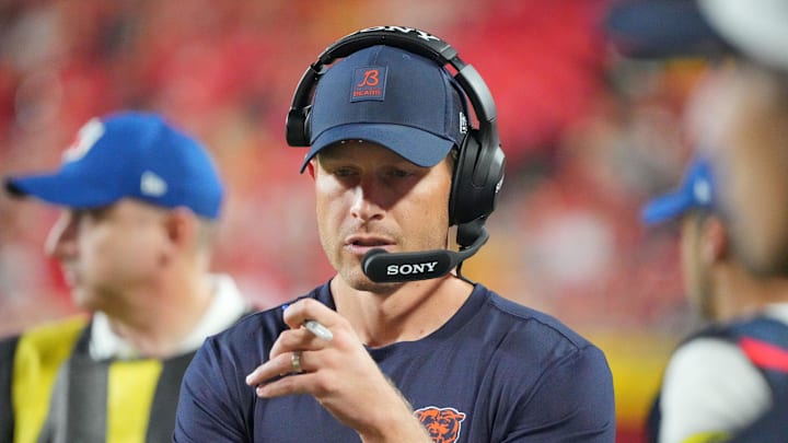 Aug 22, 2025; Kansas City, Missouri, USA; Chicago Bears head coach Ben Johnson on field against the Kansas City Chiefs during the second half of the game at GEHA Field at Arrowhead Stadium. Mandatory Credit: Denny Medley-Imagn Images