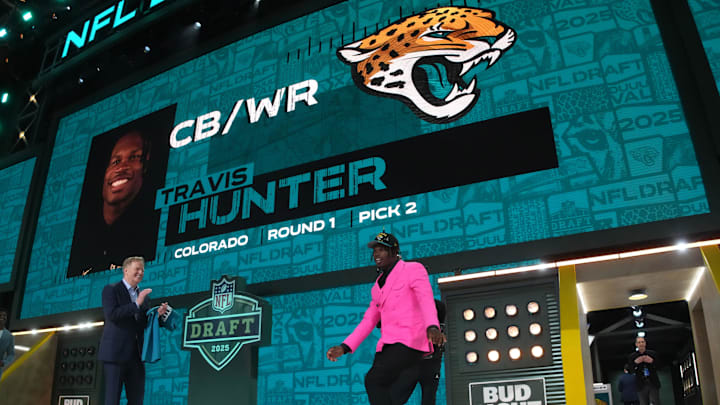 Apr 24, 2025; Green Bay, WI, USA; Colorado Buffaloes wide receiver Travis Hunter is selected by the Jacksonville Jaguars as the number two pick in the first round of the 2025 NFL Draft at Lambeau Field. Mandatory Credit: Kirby Lee-Imagn Images