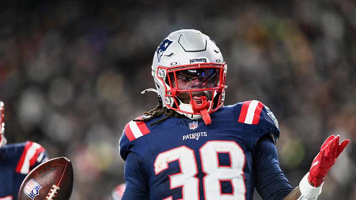 New England Patriots running back Rhamondre Stevenson (38) reacts after scoring a touchdown against the Miami Dolphins during the fourth quarter at Gillette Stadium. Mandatory Credit: Brian Fluharty-Imagn Images New England Patriots running back Rhamondre Stevenson (38) reacts after scoring a touchdown against the Miami Dolphins during the fourth quarter at Gillette Stadium. Mandatory Credit: Brian Fluharty-Imagn Images
