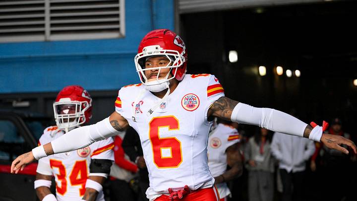 Dec 21, 2025; Nashville, Tennessee, USA;  Kansas City Chiefs safety Bryan Cook (6) runs to the field against the Tennessee Titans during pre-game warmups at Nissan Stadium. Mandatory Credit: Steve Roberts-Imagn Images