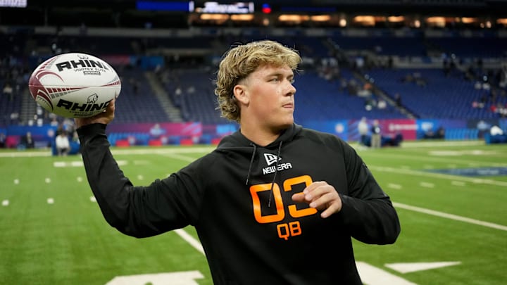 Mar 1, 2025; Indianapolis, IN, USA; Mississippi quarterback Jaxson Dart (QB03) during the 2025 NFL Combine at Lucas Oil Stadium. Mandatory Credit: Kirby Lee-Imagn Images