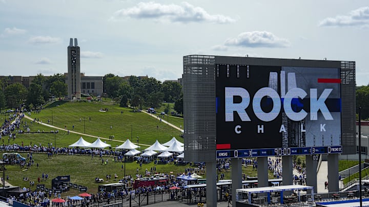 Aug 23, 2025; Lawrence, Kansas, USA; A general view of the scoreboard prior to a game between the Kansas Jayhawks and the Fresno State Bulldogs at David Booth Kansas Memorial Stadium. Mandatory Credit: Jay Biggerstaff-Imagn Images