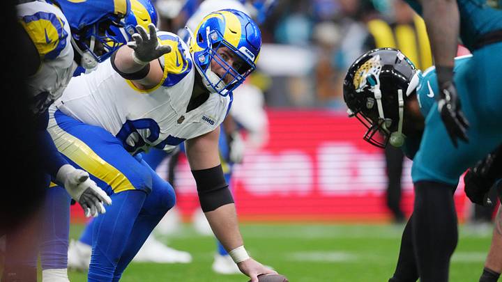 Oct 19, 2025; London, United Kingdom; Los Angeles Rams center Coleman Shelton (65) prepares to snap the ball against the Jacksonville Jaguars during the first half of an NFL International Series game at Wembley Stadium. Mandatory Credit: Kirby Lee-Imagn Images Oct 19, 2025; London, United Kingdom; Los Angeles Rams center Coleman Shelton (65) prepares to snap the ball against the Jacksonville Jaguars during the first half of an NFL International Series game at Wembley Stadium. Mandatory Credit: Kirby Lee-Imagn Images