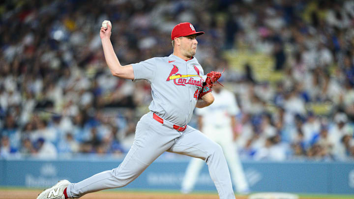 Aug 5, 2025; Los Angeles, California, USA; St. Louis Cardinals relief pitcher Matt Svanson (49) delivers during the fourth inning against the Los Angeles Dodgers at Dodger Stadium. Mandatory Credit: William Liang-Imagn Images